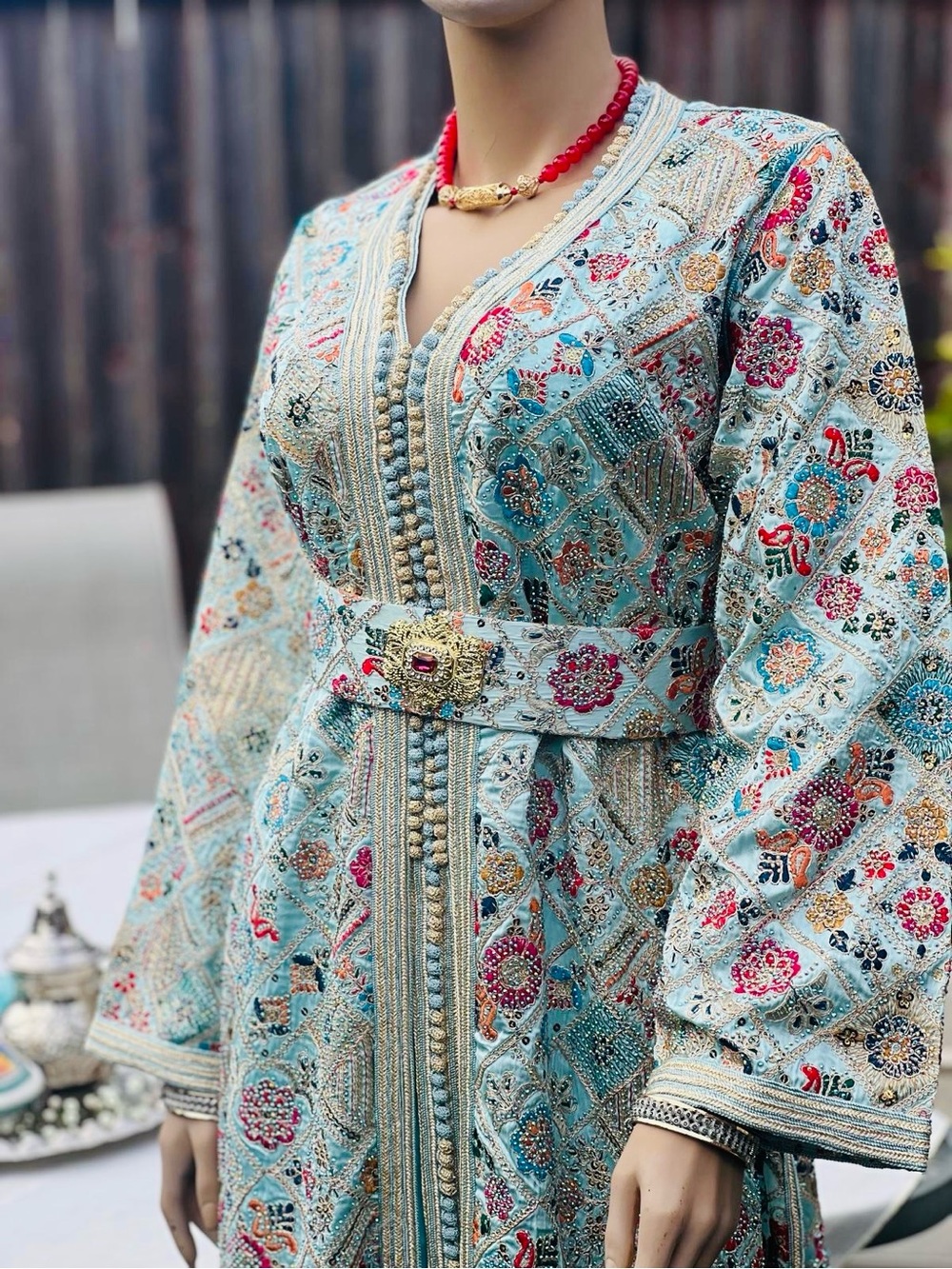 Caftan/Intricately Embroidered Light Blue Bridal Dress with Ornate Belt